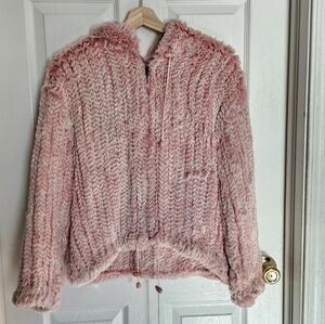 🎀 Cozy Luxe Real Fur Pink Zip-Up Jacket with Hood & Pockets